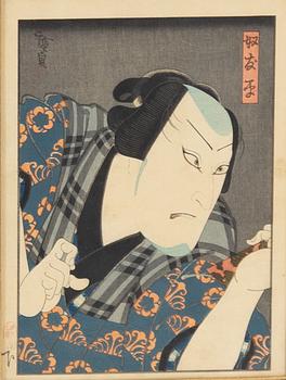 Woodblock prints, including Sadamasu II Gochotei and Konishi Hirosada, portraits of kabuki actors.