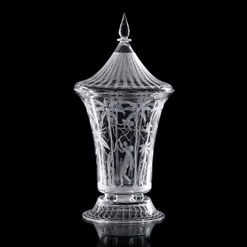 161. An Edward Hald engraved glass goblet with cover 'Negerhyddan', Orrefors, Sweden 1923.