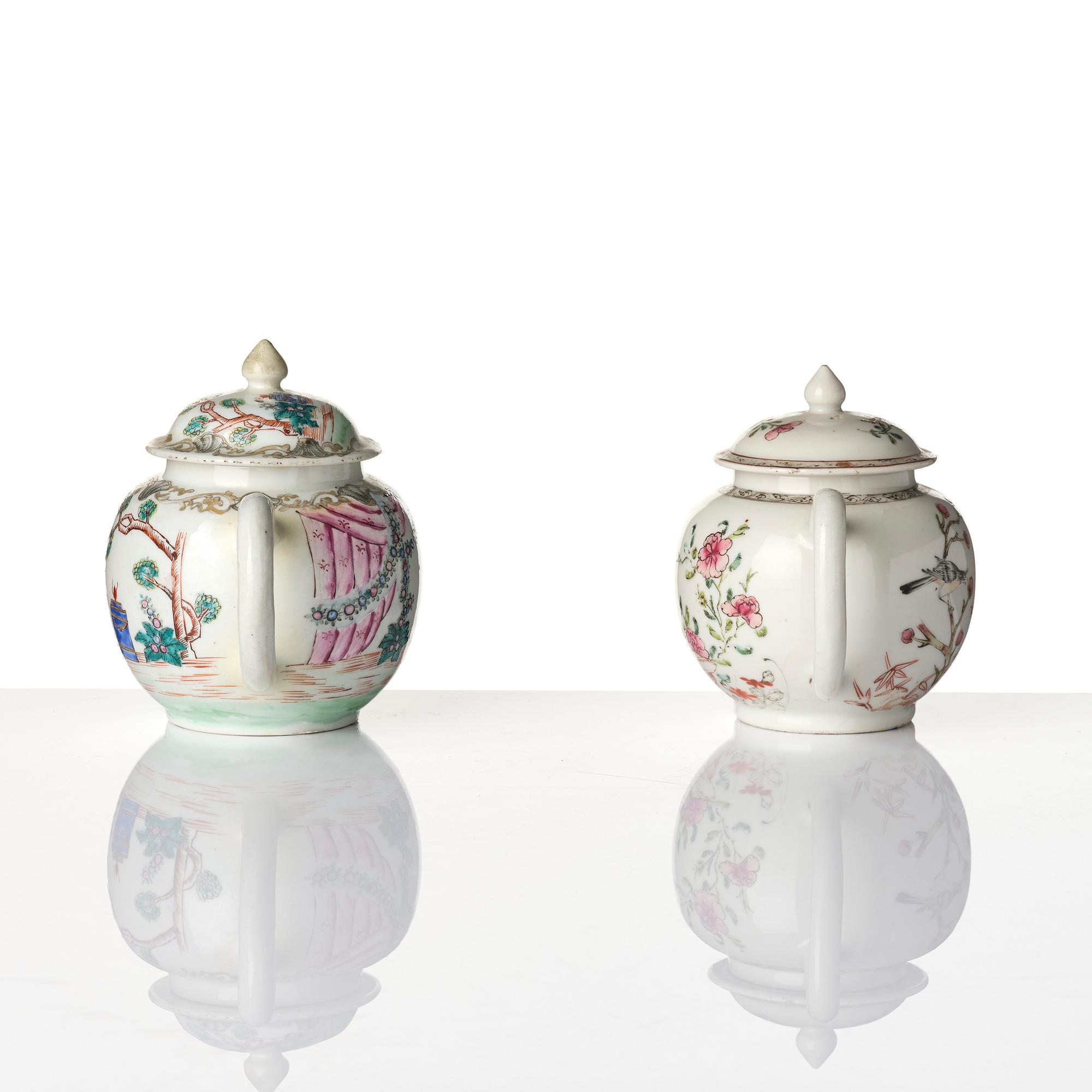 Two famille rose tea pots with covers, Qing dynasty, 18th century.