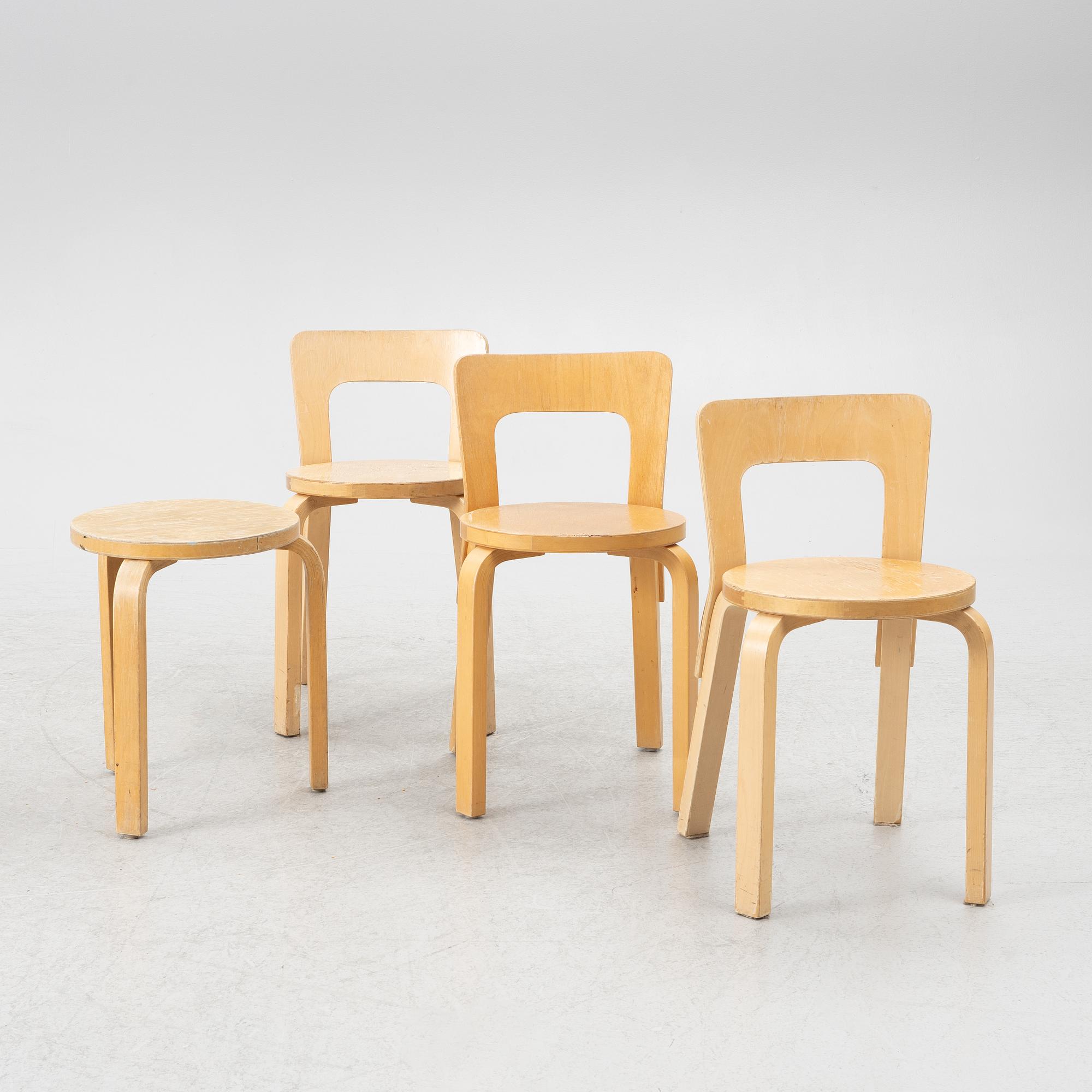 Alvar Aalto, chairs, 3 pcs, model 66 and stool, model 60, Artek, Finland.