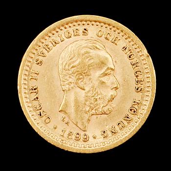 GULDMYNT, 5 kr, Oscar II, 1899. Vikt ca 2 g.