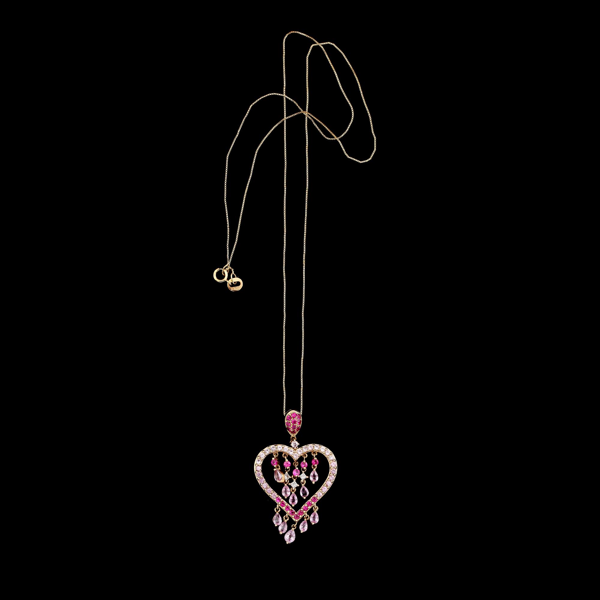 HÄNGE MED KEDJA, 14 K guld, diamanter samt flerfärgade rosa safirer.