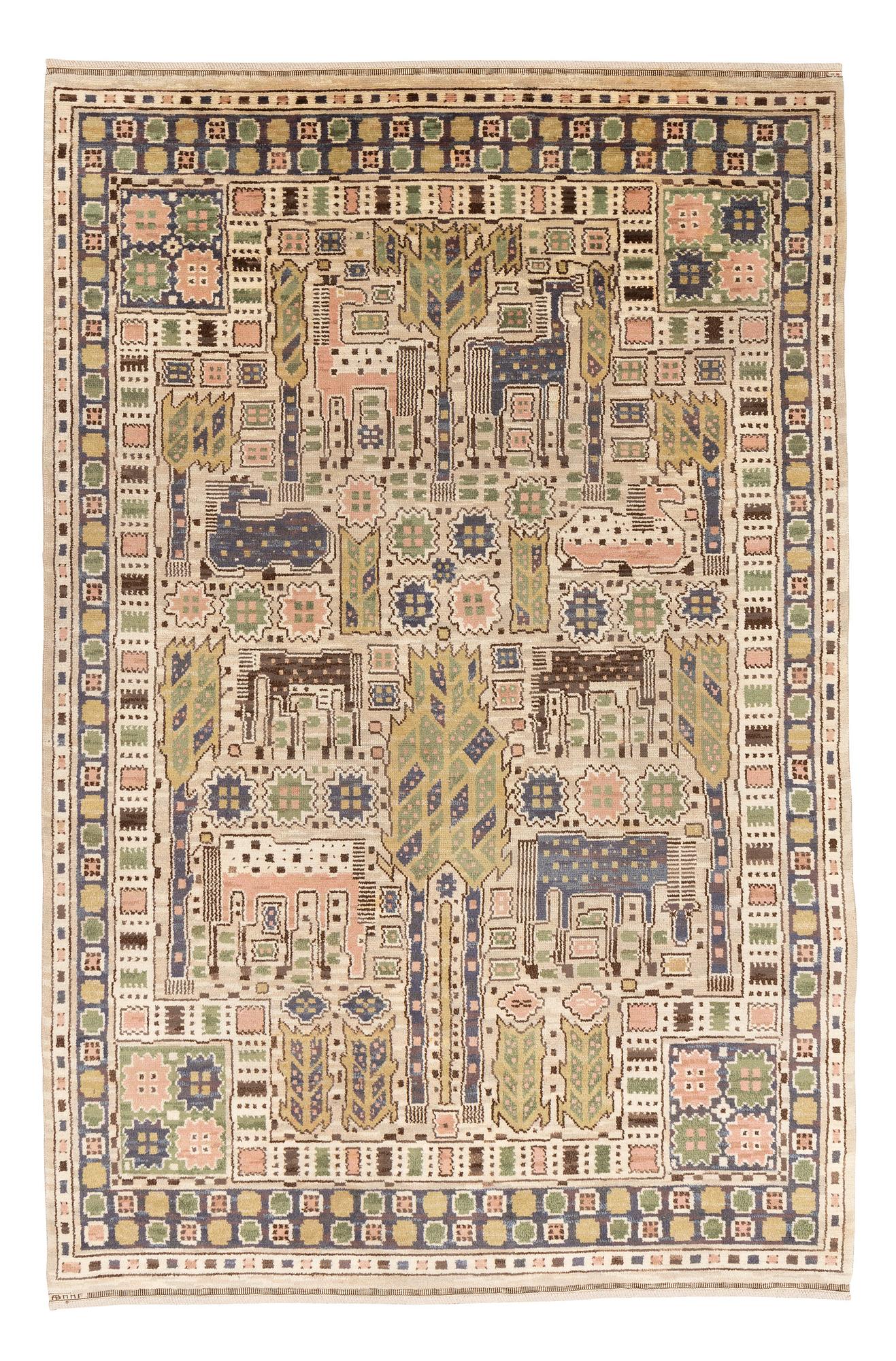Märta Måås-Fjetterström, matto, "Hästhagen", knotted pile, ca 340-343,5 x 218-224 cm, signed AB MMF.