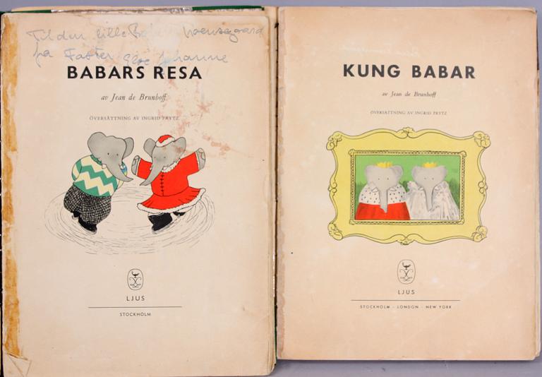 BÖCKER, två st, "Kung Babar", 1946 samt "Babars resa", 1945, Jean de Brunhoff.