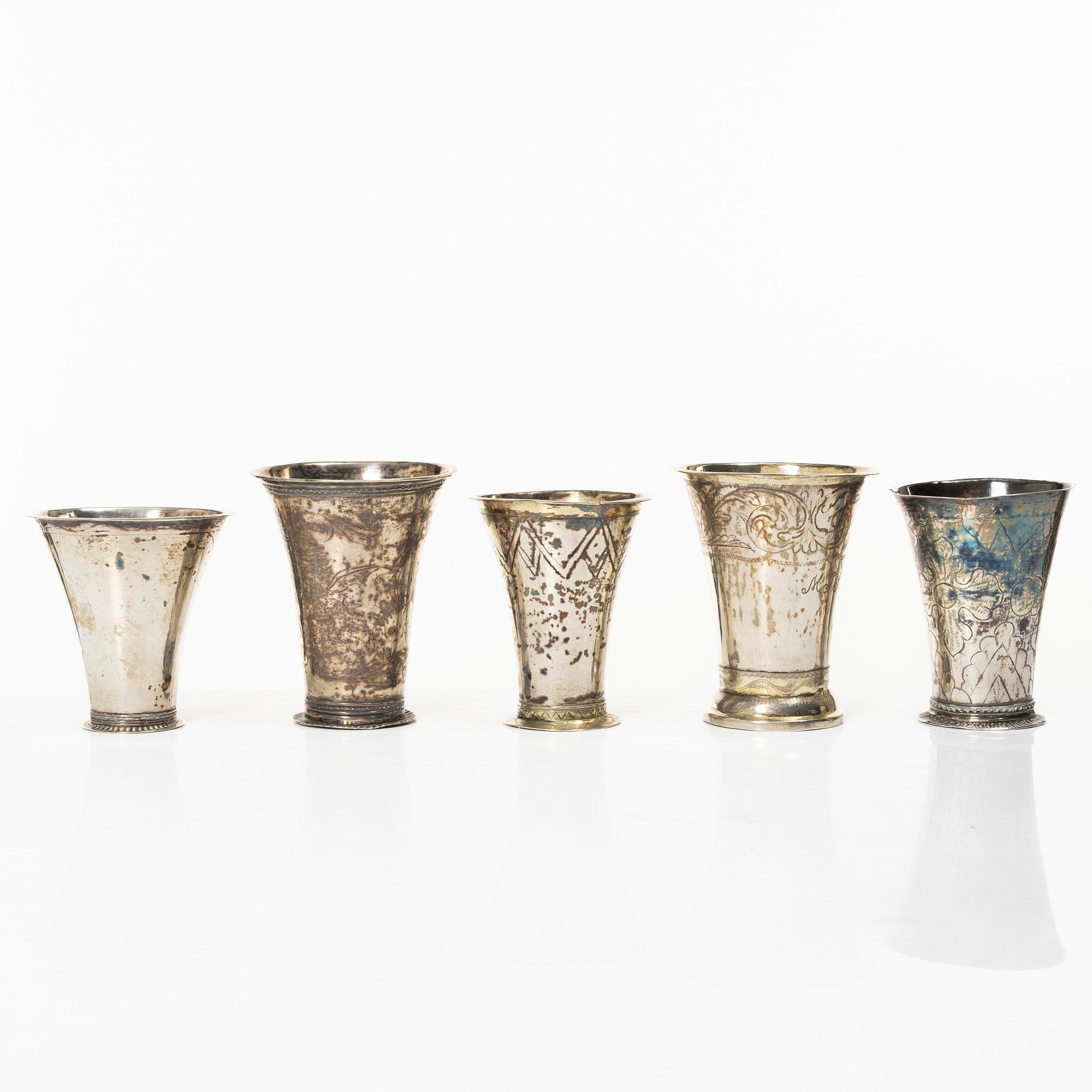 Five Swedish silver beakers, 18th/19th century.