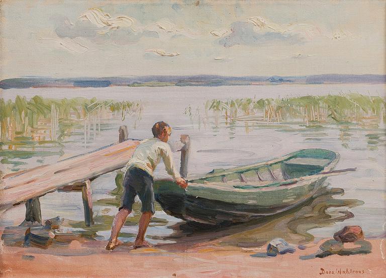 A BOY AND A BOAT BY THE SHORE.