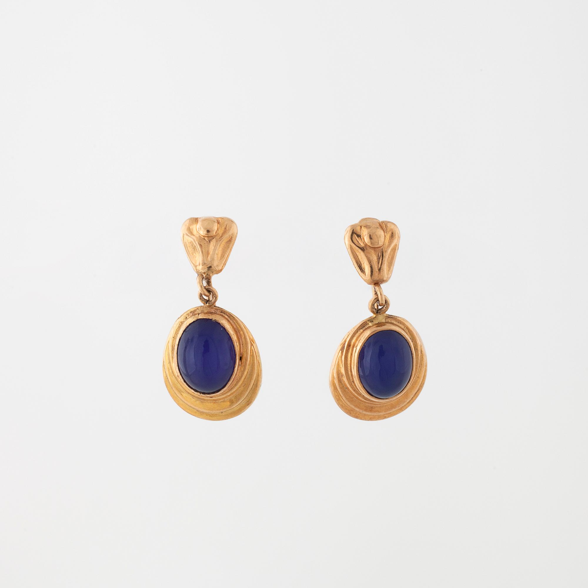 A pair of earrings, probably set with blue chalcedony by E Johansson, Stockholm, 1955.