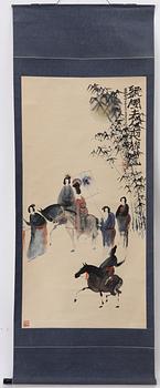 Peng Xiacheng, hans art, Figurscen med eleganta damer och ryttare, daterad 1996.