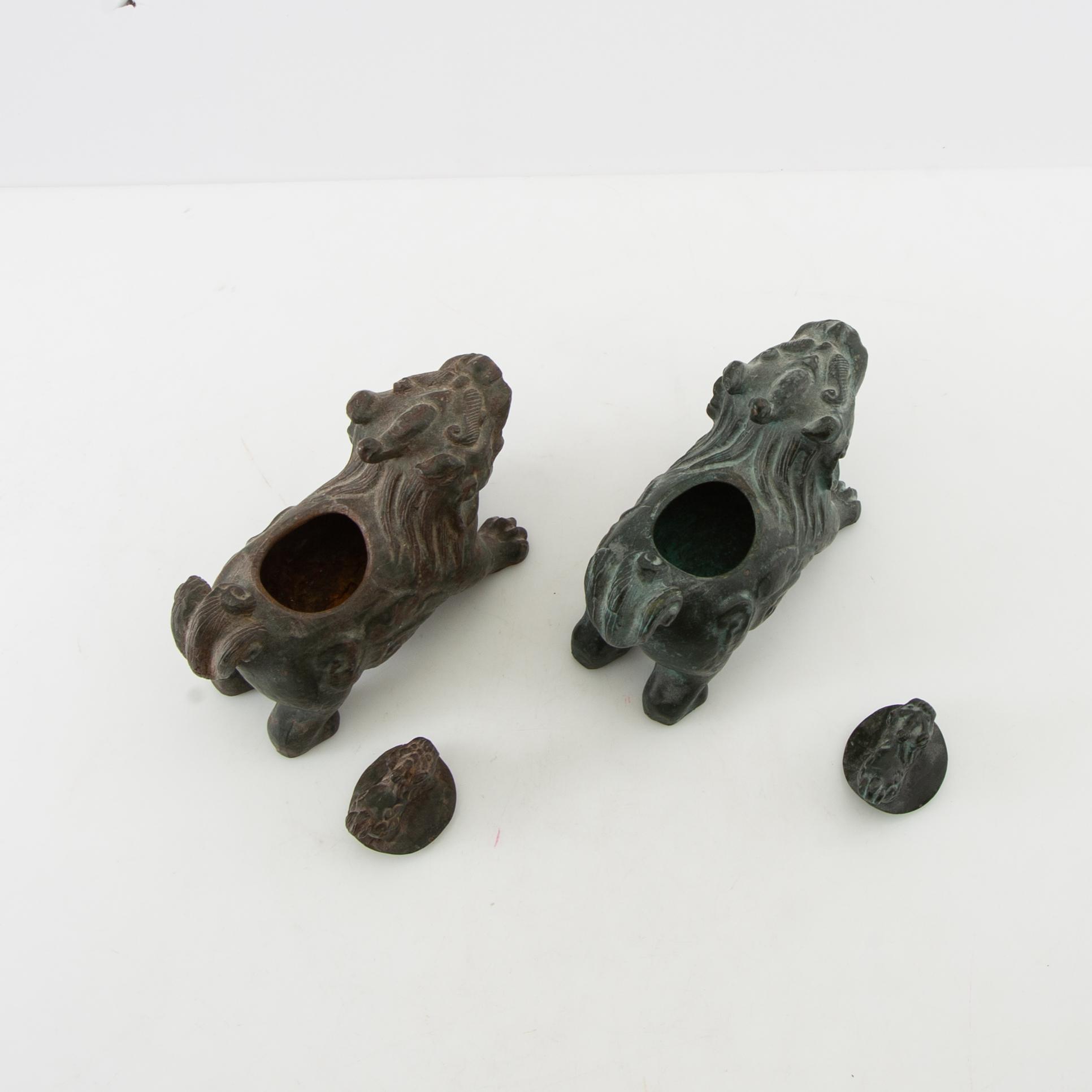Incense burners 2 pcs in the form of Foo dogs China 20th century bronze.