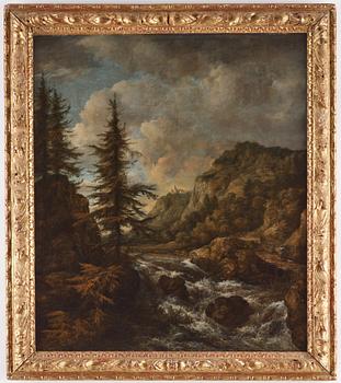 Jacob van Ruisdael, Landscape with waterfall and a castle on a cliff.