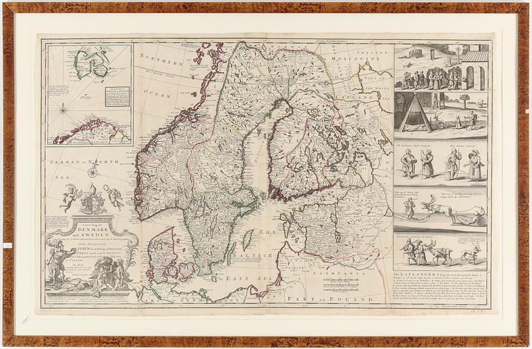 KARTA, kopparstick, "A New Map of Denmark and Sweden...", London, 1700-tal.