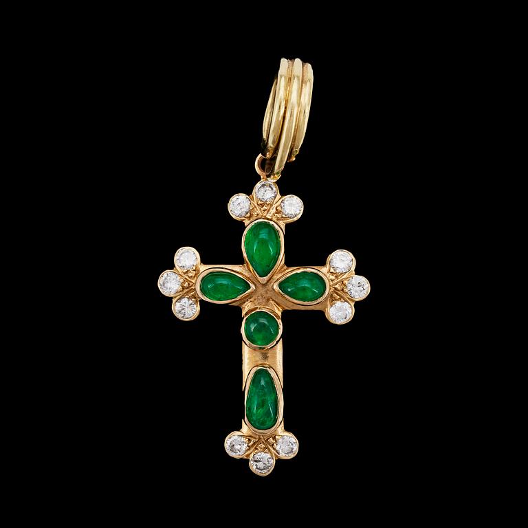 HÄNGSMYCKE, cabochonslipade smaragder och briljantslipade diamanter, tot. ca 1 ct, i form av kors.