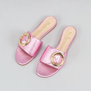 Mulberry, a pair of pinc metallic leather 'Opera Buckle Slide' sandals, size 39.