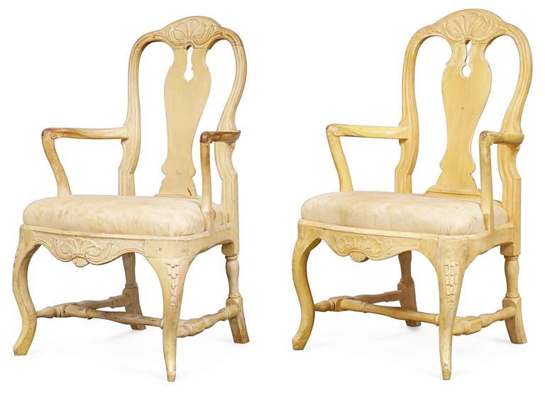 Two matched Swedish Rococo armchairs, one signed by J. Lindgren.