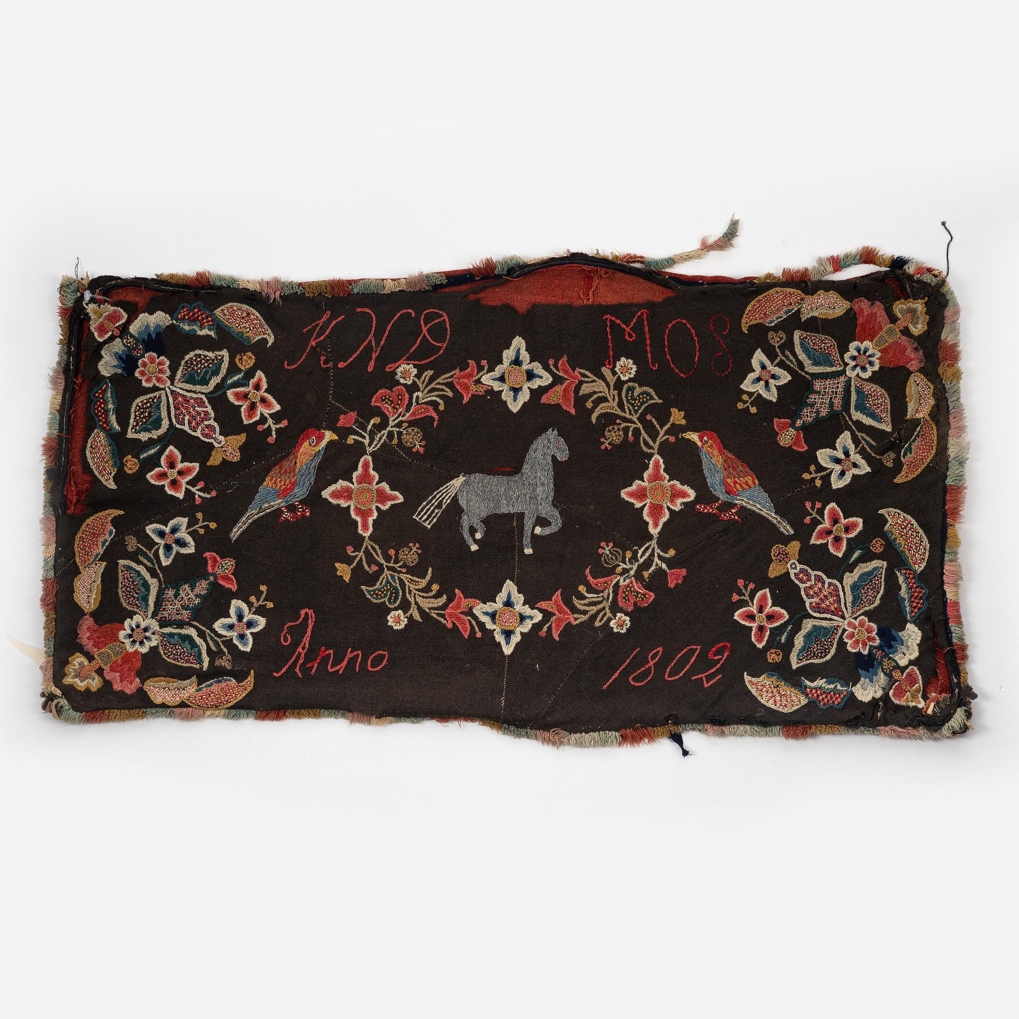 Åkdyna, broderad, ca 97 x 78 cm, signerad och daterad KND MOS ANNO 1802, Skåne.
