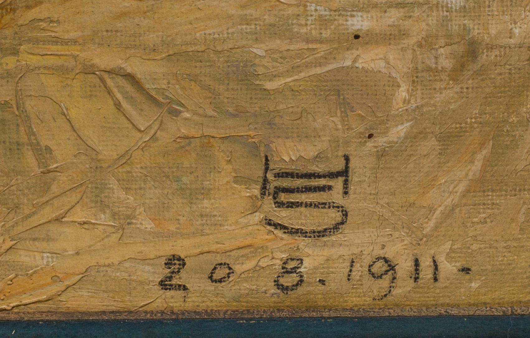 OKÄND KONSTNÄR. Olja på pannå. Monogramsignerad HS och daterad 20 8 1911.