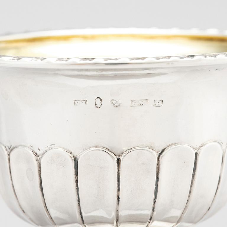 A pair of Swedish candy bowls with stand, parcel-gilt silver, mark of Gustaf Möllenborg, Stockholm 1851.