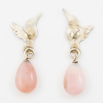 Earrings, silver, gold and enamel in the form of a hummingbird with pink opal, Mandelstam.