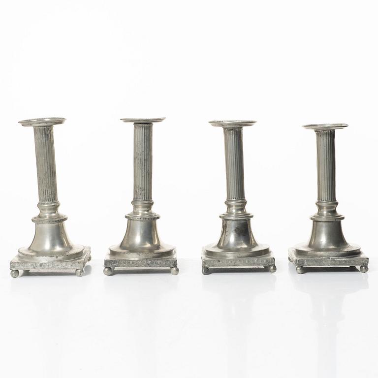 Two pairs of late Gustavian Pewter candlesticks by P. Höijer (Örebro 1796-1819).