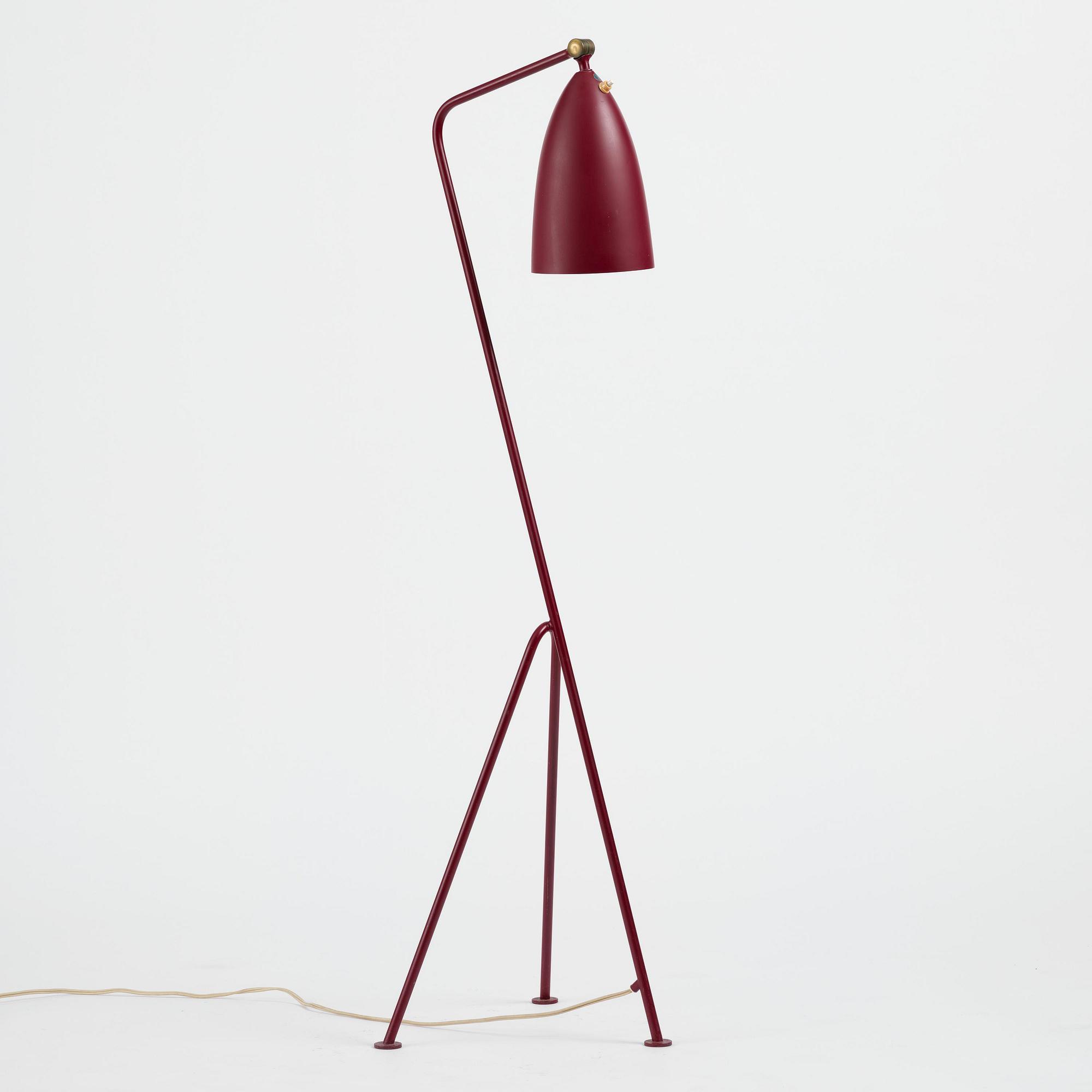 Greta Magnusson Grossman, a burgundy red "Grasshopper" floor lamp model "G-33", Bergboms, Malmö, 1950s.