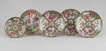 TALLRIKAR, 5 st, porslin, Kanton, Kina, 1800/1900-tal.