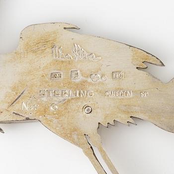 Wiwen Nilsson, a brooch, sterling silver, in the form of a peacock, Lund 1959.