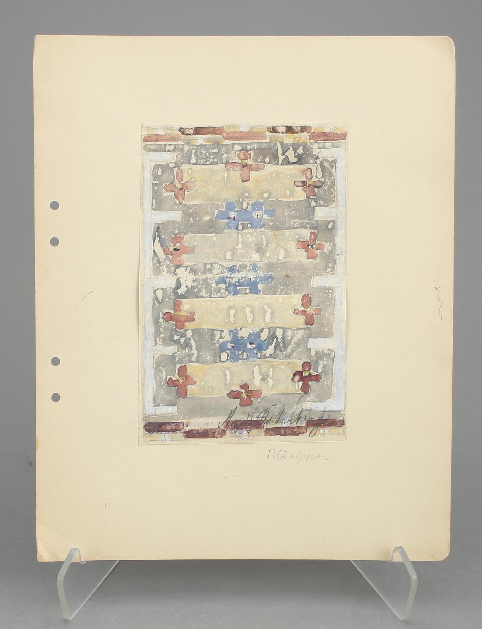 CARPET SKETCHES, 4 sheets. Watercolour and graphite. Three by Agda Österberg and one by Astrid Nyström.