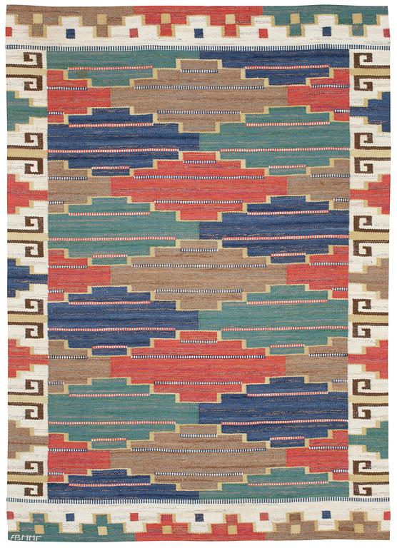 RUG. "Blå heden". Flat weave (rölakan). 227 x 162,5 cm. Signed AB MMF.