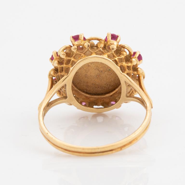 Gold, ruby and eight cut diamond ring.