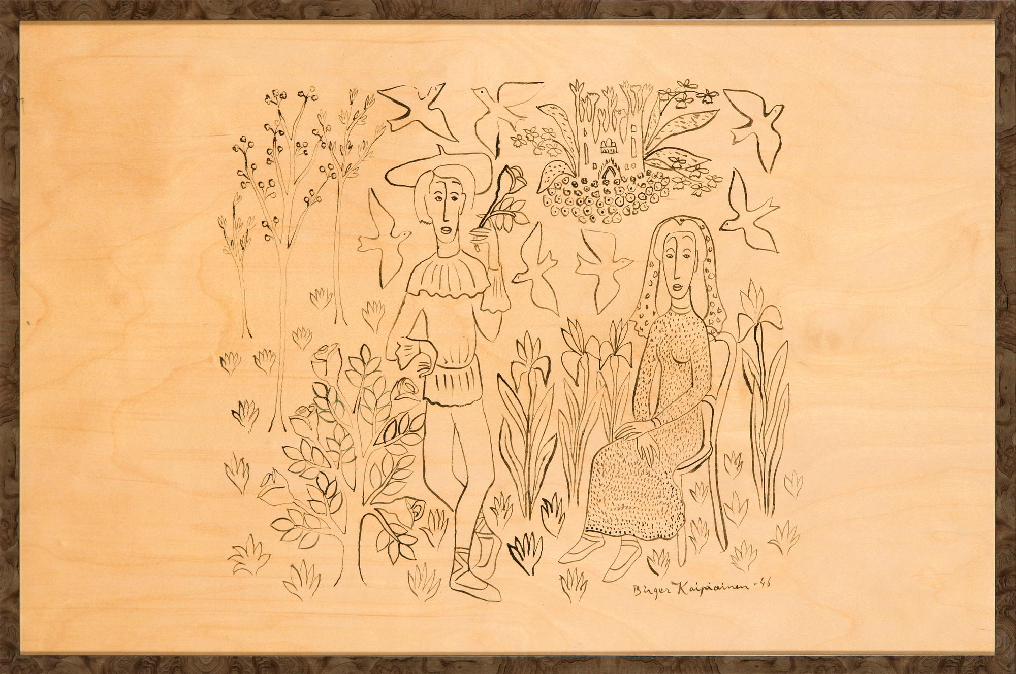 Birger Kaipiainen, drawing, ink on plywood, signed and dated -46.
