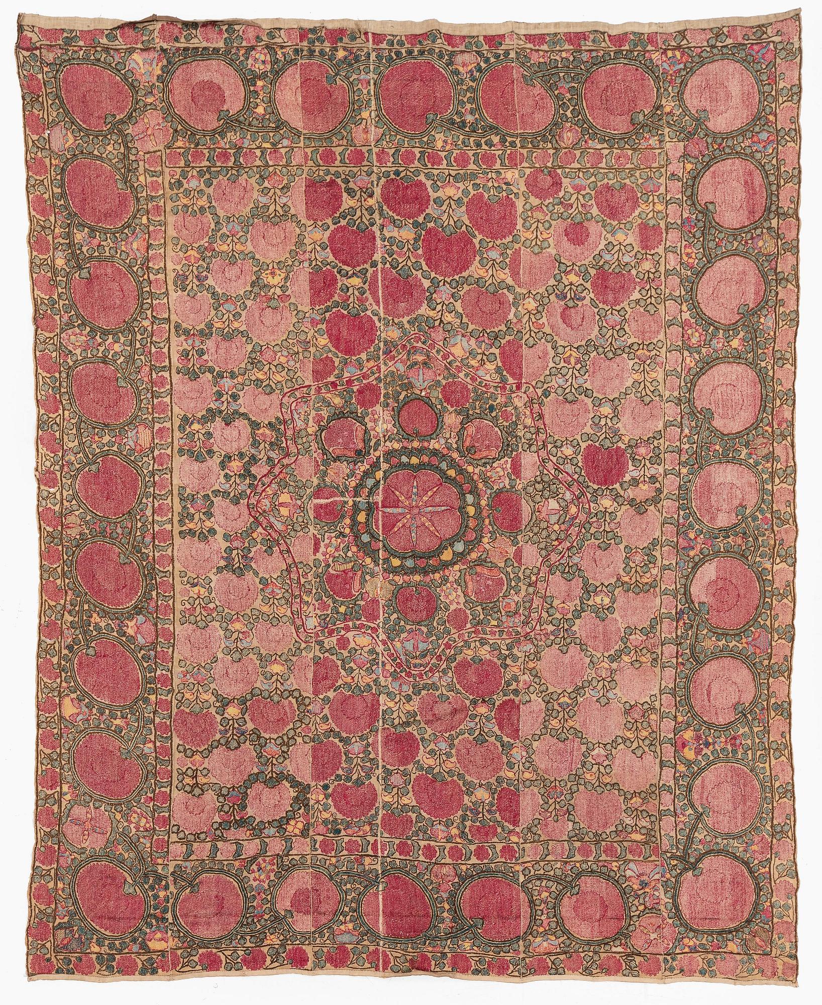 An antique Suzani embroidery, probably Tashkent region, Uzbekistan, 19th century, c. 221 x 184 cm.