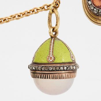Fabergé, m fl, halskedja med 11 påskägg, guld, emalj, diamanter mm, olika verkmästare, varav 8 S:t Petersburg.