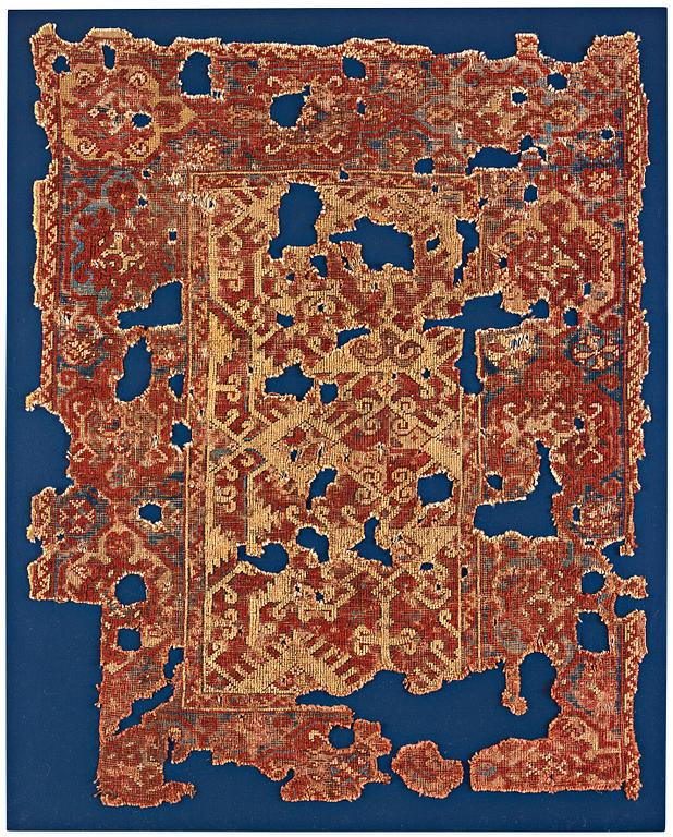 Mattfragment, antik, Västanatolisk "Lotto", 1600-tal, ca 142 x 115 cm (inklusive ram 155 x 124 cm).