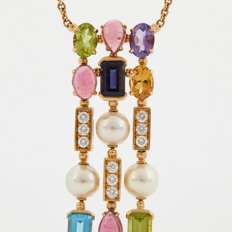 A Bulgari necklace "Allegra" in 18K gold set with coloured stones, cultured pearls and diamonds.