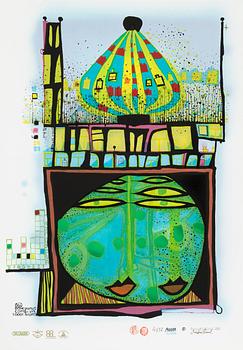 Friedensreich Hundertwasser, fotolitografi och serigrafi med metallprägling, 1984. Signerad och numrerad 4372/10002.