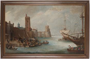 Abraham Willaerts Attributed to, Coastal Landscape with numerous Ships and Figures on the Shore.