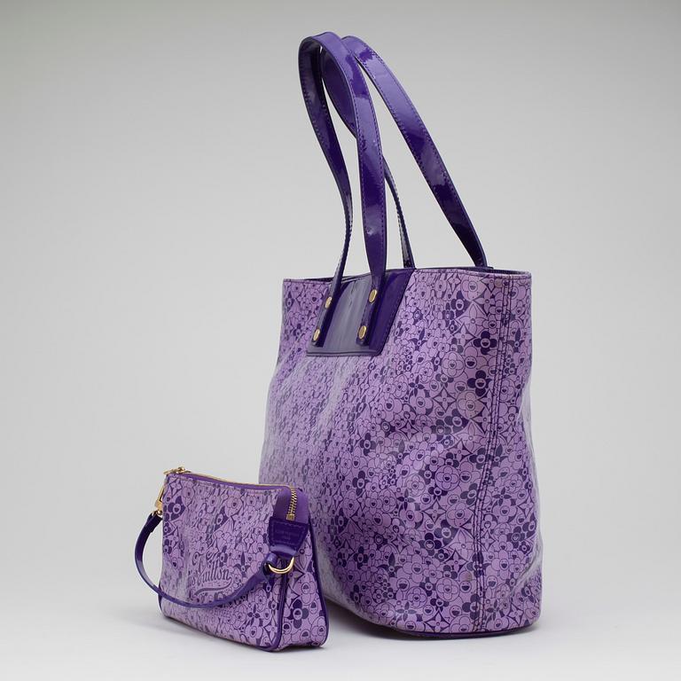 LOUIS VUITTON, a purple beach ensemble consisiting of a tunic, sandalettes, and two bags.