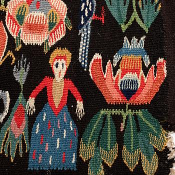 A fragment of a 19th century carrige cushion, "Urnor och par", tapestry weave, ca 50 x 45-55 cm.