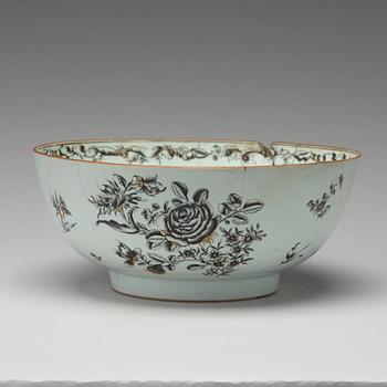 A grisaille punch bowl with a Swedish Bank note, Qing dynasty, Qianlong dated 1762.