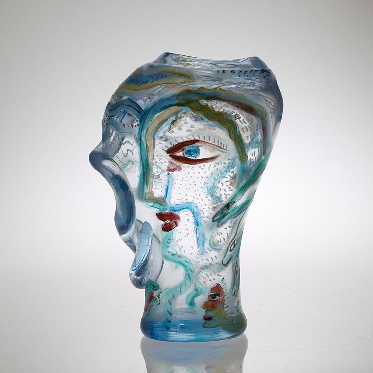A unique Ulrica Hydman-Vallien painted glass vase, Kosta Boda 1988.