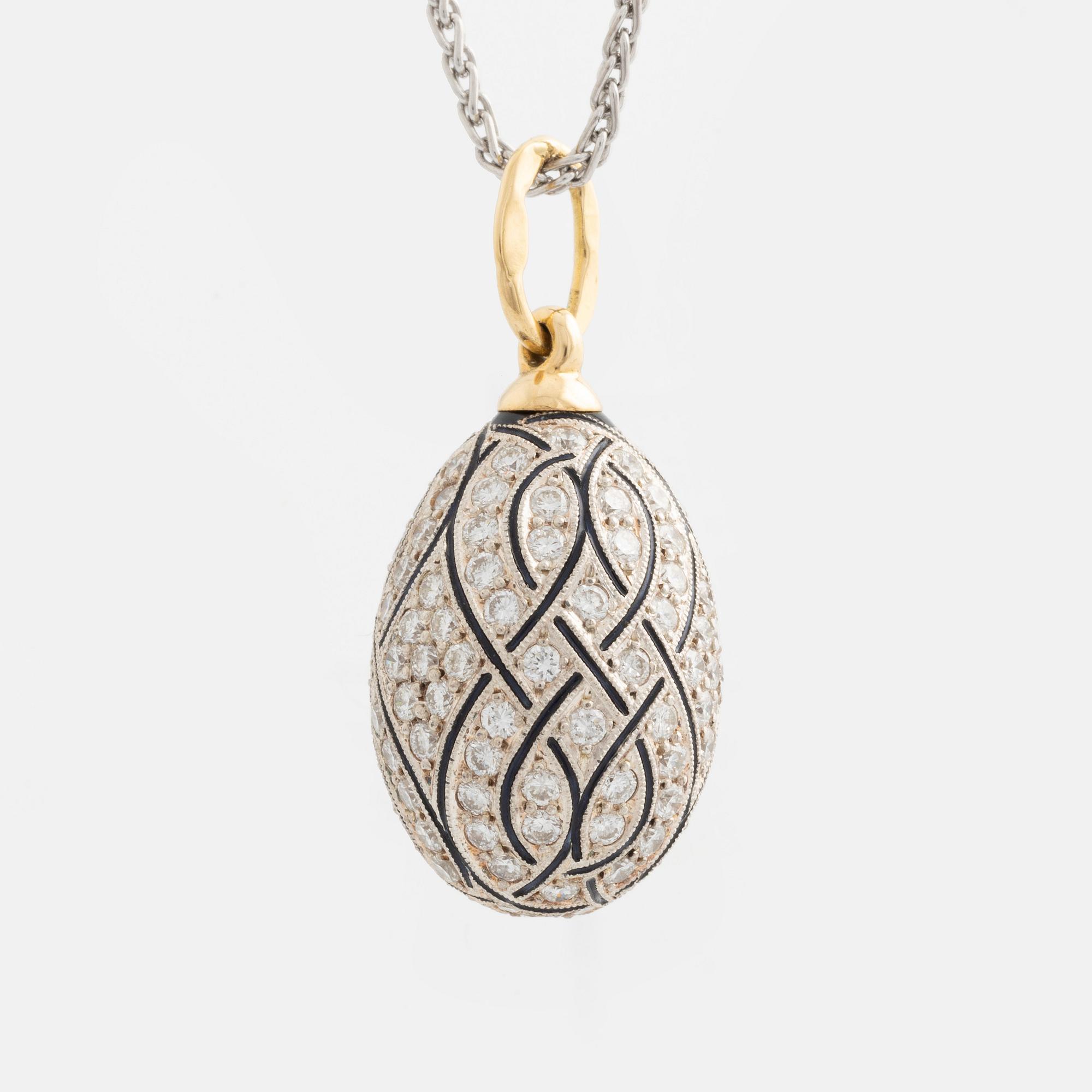 W.A. Bolin, jeweled egg, fully brilliant-cut diamonds, with black enamel, with chain.