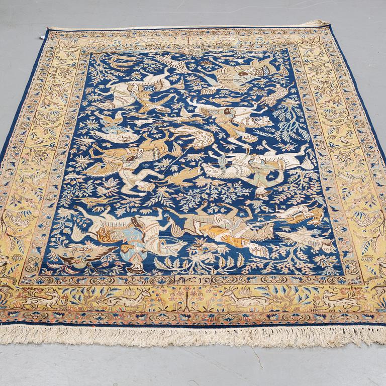 MATTO, an old Qum part silk figural, ca 278-283,5 x 168,5-171,5 cm (as well as 1 and 2 cm flat weave at the ends).