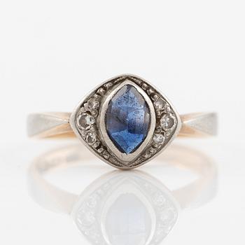 Ring 14K gold with sapphire and small octagon-cut diamonds, Veikko Kalevi Piirainen, Finland.