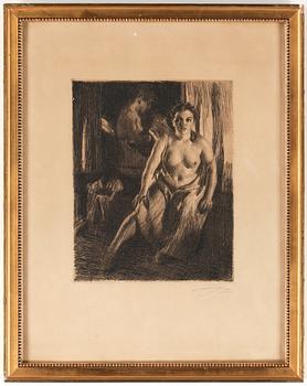 Anders Zorn · ANDERS ZORN, etsning, "Sängpallen", utförd 1914, signerad med blyerts.