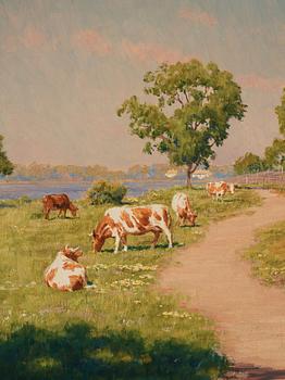 Johan Krouthén, Summer landscape with cabin, lake and cows.