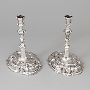 A pair of 18th century silver candlesticks, unidentified makers mark, Breslau 1737-1745.