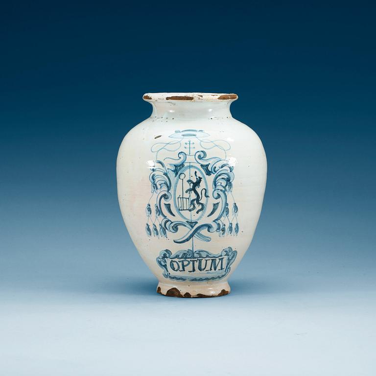 An armorial faience 'Opium' pharmaceutical-jar, 18th Century.