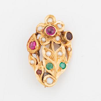 Gold and coloured stone and pearl brooch.