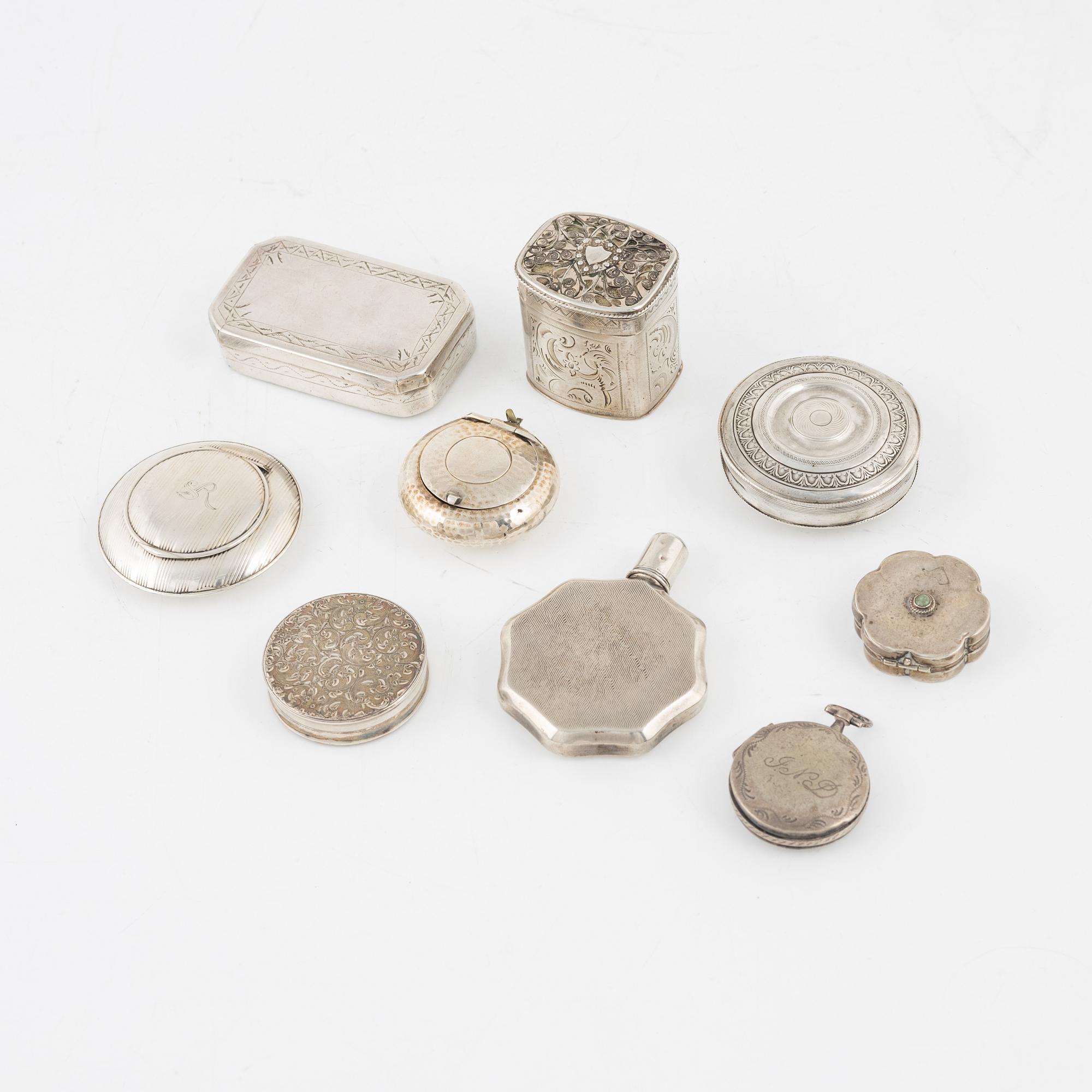 Nine Silver Boxes, 19-20th century.