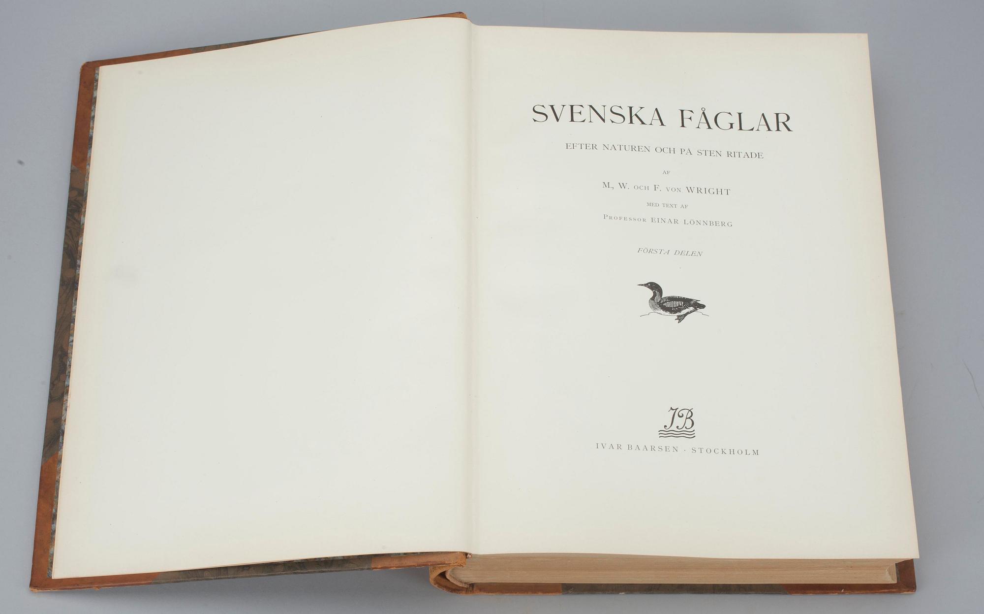 KIRJOJA 3 osaa,"Svenska Fåglar", M,W & F von Wright. Tukholma, 1924 och 1929.